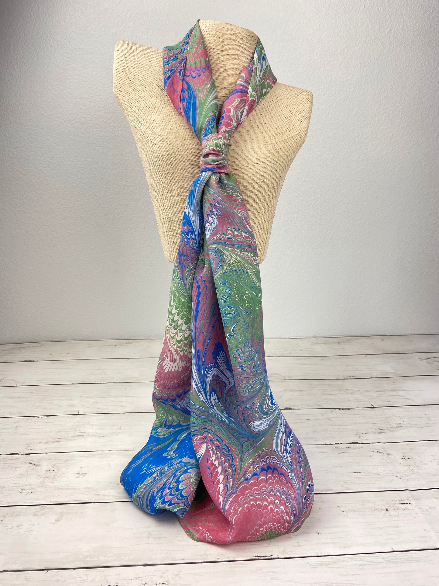 Blue, Green, Pink and White Silk Scarf "Amanda"