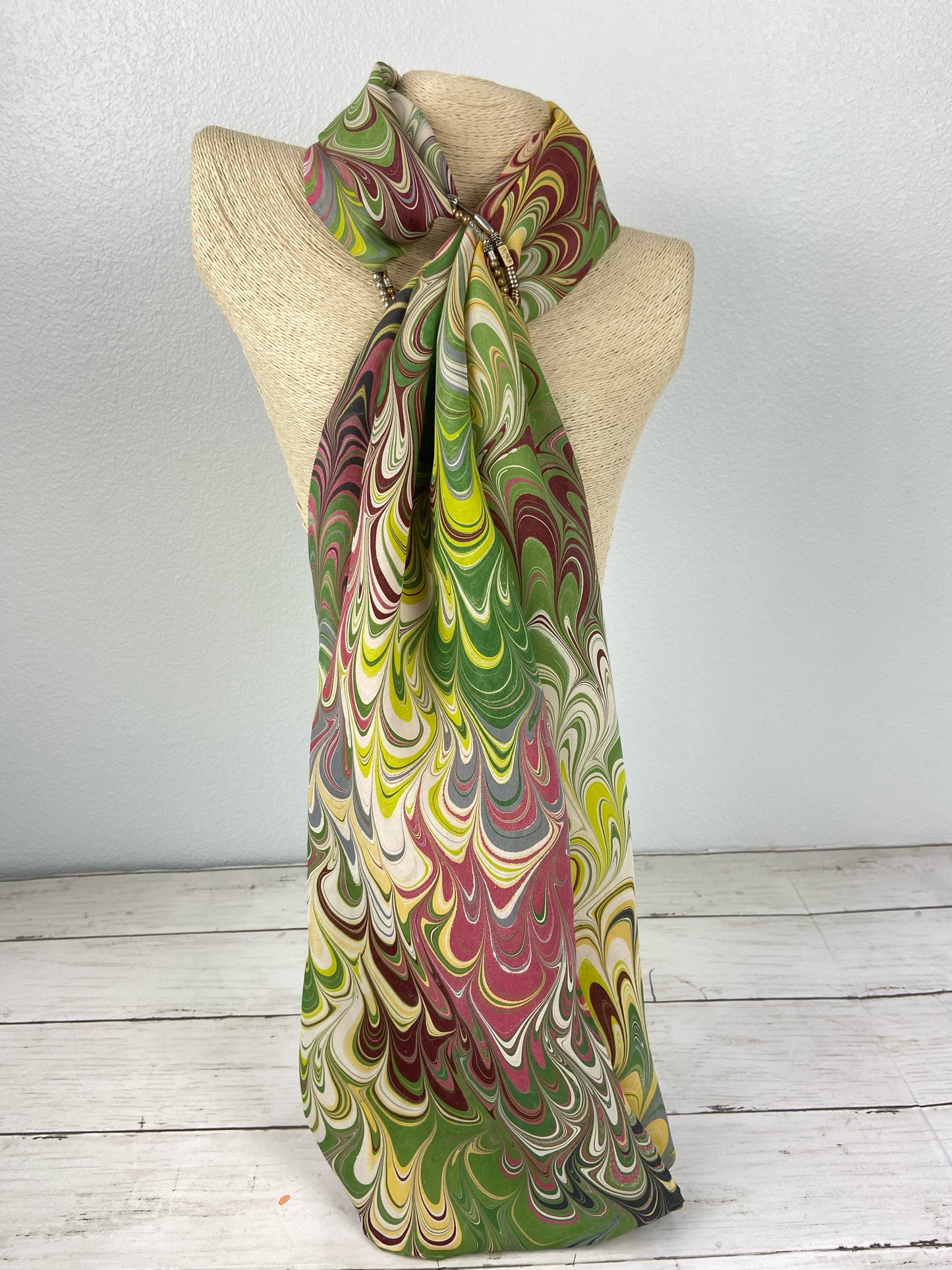 Green, Burgundy and Gray Silk Scarf "Claire"