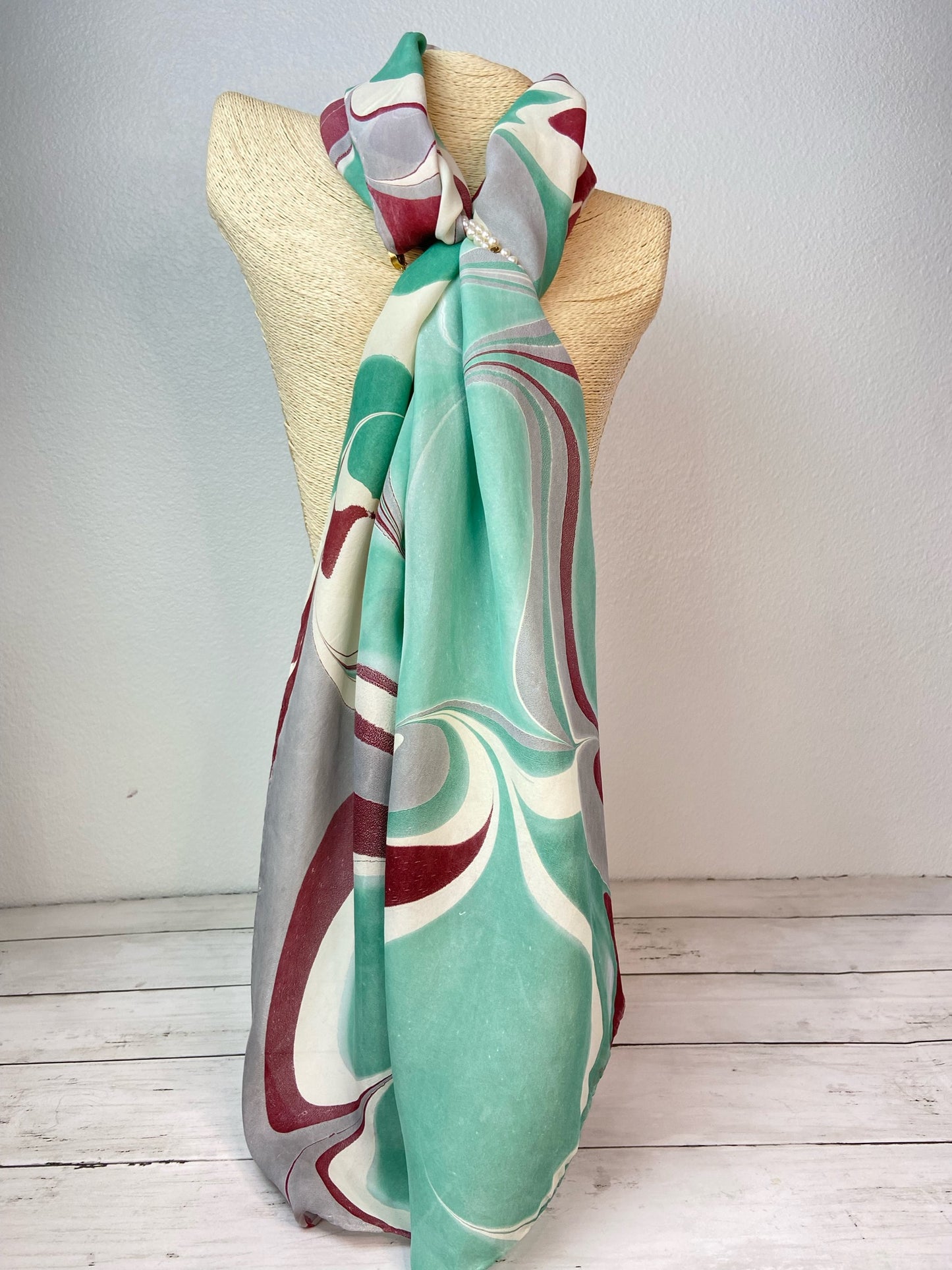 Burgundy, Soft Green, Gray and Cream Silk Scarf "Hollie"