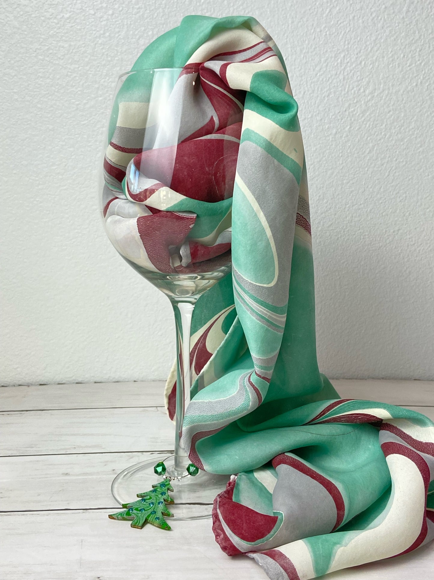 Burgundy, Soft Green, Gray and Cream Silk Scarf "Hollie"