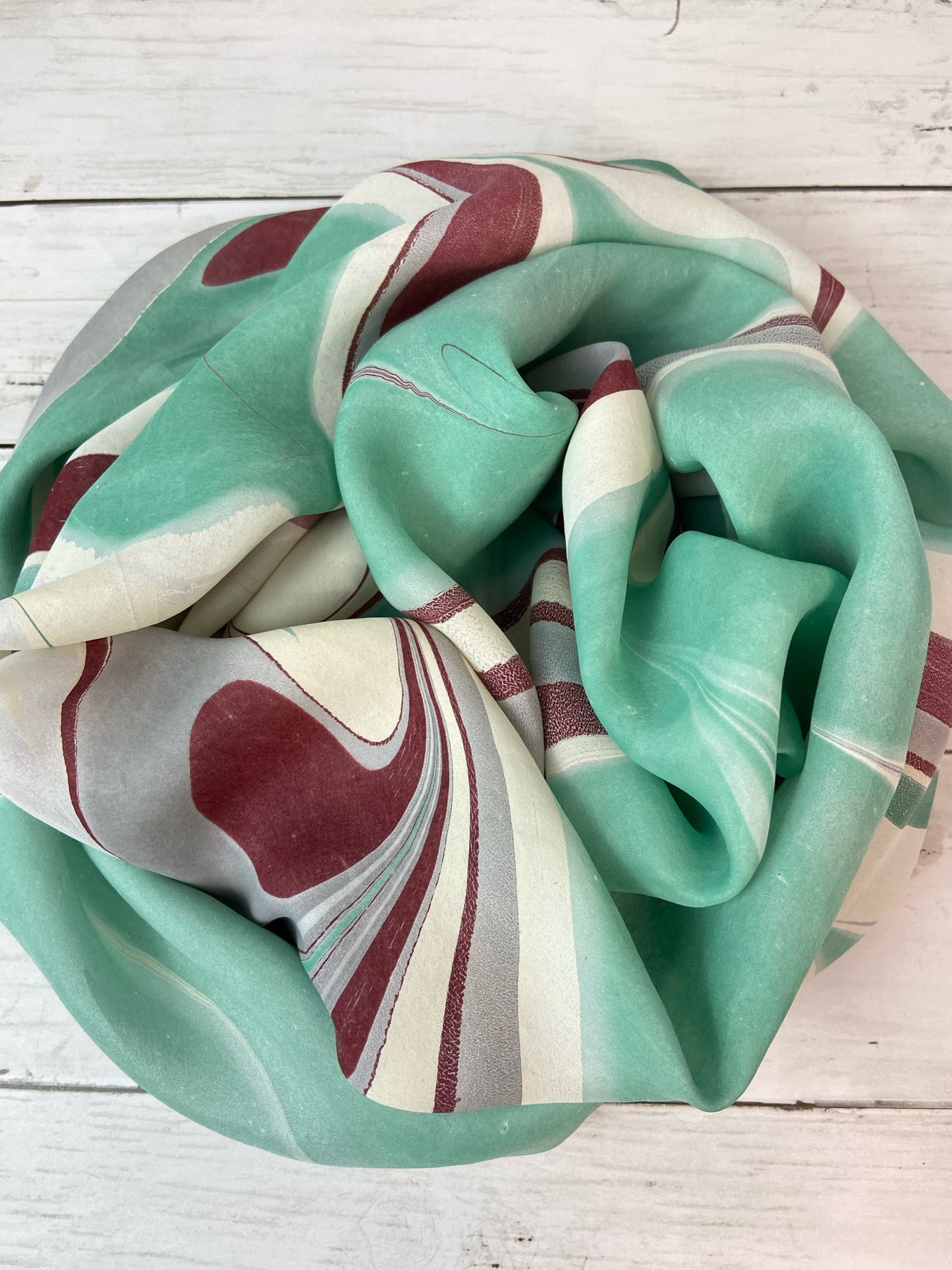 Burgundy, Soft Green, Gray and Cream Silk Scarf "Hollie"