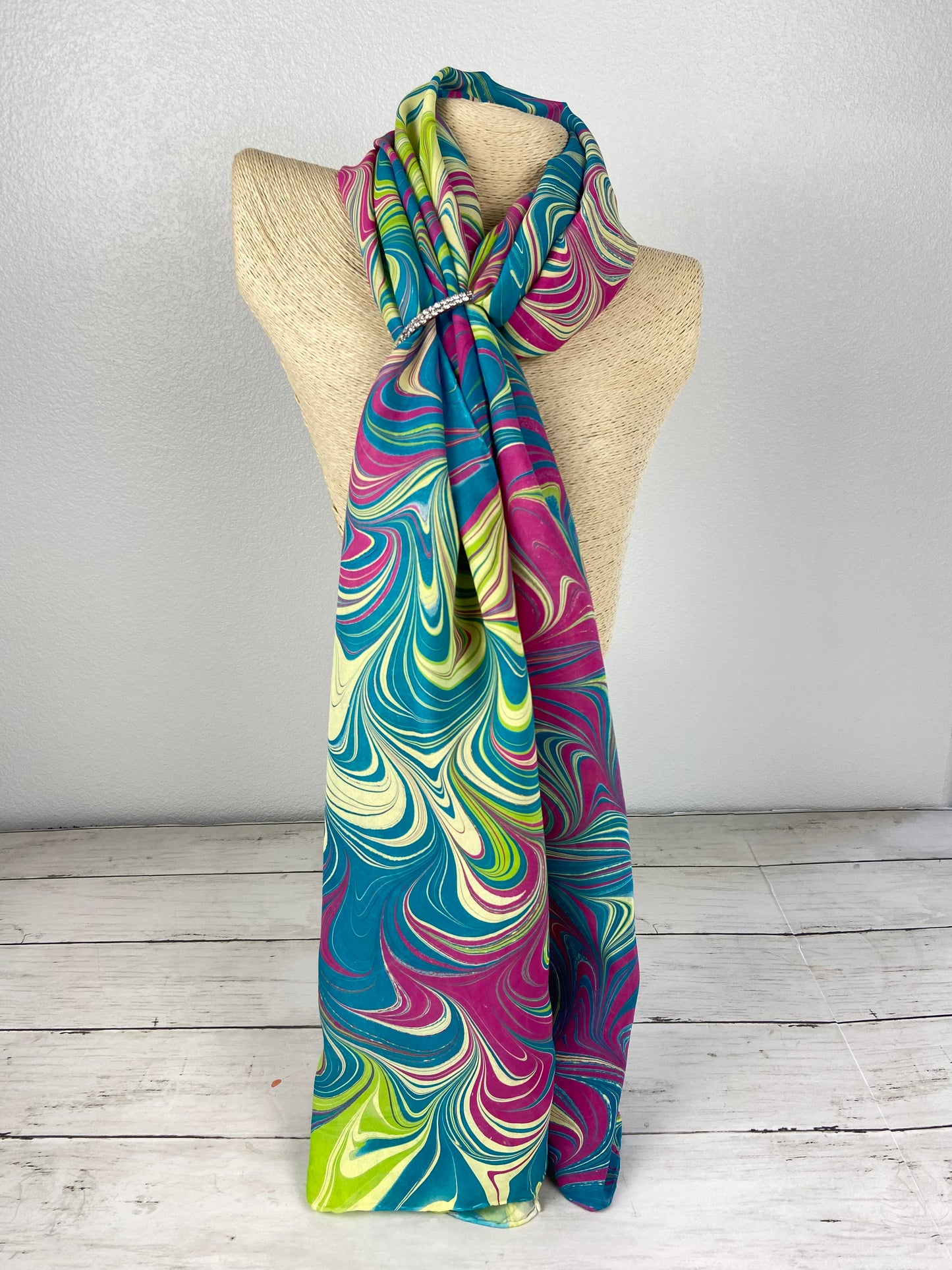 Pink, Teal, Lime and Soft Yellow Silk Scarf "Marcia"