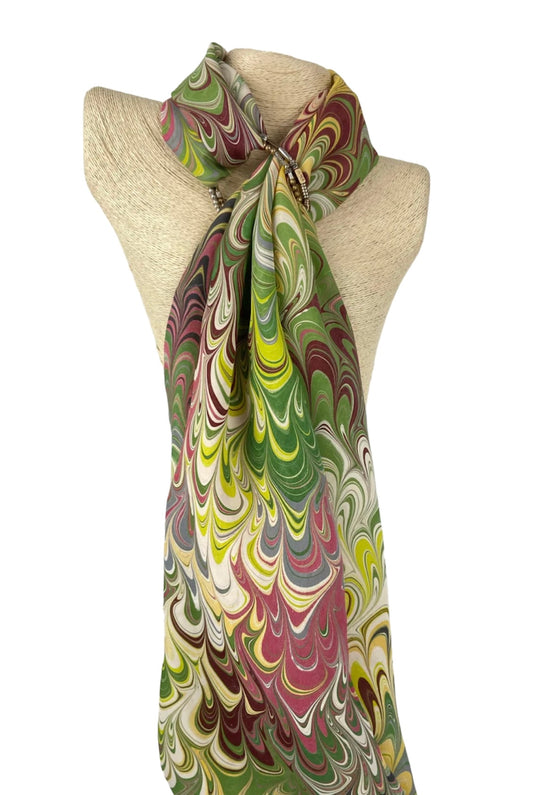 Green, Burgundy and Gray Silk Scarf "Claire"